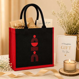 Sac fourre-tout en jute à motif géométrique, noir et rouge, taille moyenne, avec poignée longue, pour usage quotidien, cadeau et fêtes - Product Image 6