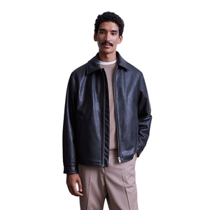 Veste en cuir véritable noire pour homme, col rabattu, fermeture éclair, style décontracté, coupe classique, couleur unie, pour l'automne - Product Image 1