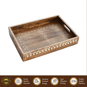 Elegant Design Superior Quality Wholesale Rectangular Shape <b>Hand</b> Carved Mango Wood Food Serving Trays <b>Set</b> of 2 with Handles - Product Image 3