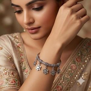 DIVYORO Women's Floral <b>Charm</b> Oxidized <b>Silver</b> Plated Brass Bangles with KADA Name Office/Career Party Wear - Product Image 4