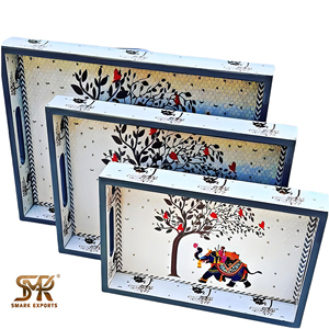Vibrant Enamel Printed Serving Tray Set Multicolor <b>Decorative</b> Wooden Tray with Handles for Dining Table Home Decor Gift - Product Image 3
