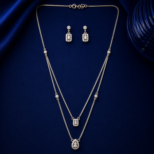 925 Sterling Silver Emerald Cut Zircon Gemstone Crystal Pendant <b>Long</b> Layered <b>Necklace</b> Set Matching Earrings Set Rhodium Plated - Product Image 2
