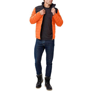Wholesale Men's Winter Puffer Jacket Lightweight Orange Black Color Block Quilted <b>Bubble</b> <b>Coat</b> Windproof Stand Collar Outerwear - Product Image 5