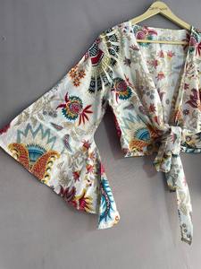 Blusa de Algodón Indio con Estampado Floral, Blusa Boho Hecha a Mano para Mujer, Manga Larga, Informal, para Verano, Talla Única - Product Image 3