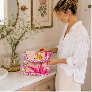 Pochette artisanale indienne imprimée au bloc, en coton matelassé avec bordure à volants, sac à cosmétiques écologique, imprimé tigre, durable, taille 11" x 9" - Product Image 4