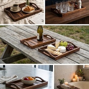 Juego de 2 bandejas de madera para servir con asas – Bandeja de madera de acacia maciza con listones para servir comida, té, café y desayuno - Product Image 3
