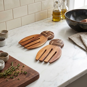 Utensilios para ensalada de madera de suar de grado alimenticio, con forma de mano, con incrustaciones de cáscara de coco oscura y blanca, diseño Catur, color marrón claro, estilo artístico. - Product Image 3