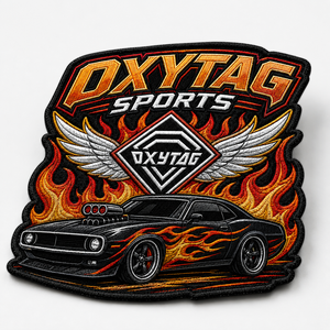 Patch brodé OXYTAG Sports avec motif flamme et voiture, appliqué thermocollant, forme irrégulière, tissu tissé, prix de gros, OEM - Product Image 3