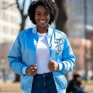 Blouson Bomber Unisexe Jack and Jill en Satin Bleu, Style Universitaire à Boutons Pression, Léger, Tendance, Vêtement Décontracté Streetwear - Product Image 6