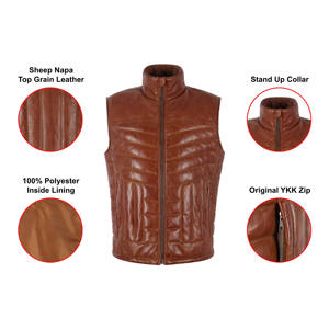 <b>Men's</b> Brown PU <b>Leather</b> Stand Collar Padded <b>Vest</b> With Zipper Closure Windproof Casual Winter Outerwear - Product Image 6