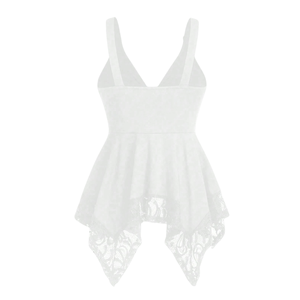 Haut sans manches blanc pour femme avec détail cœur, buste froncé, ourlet en dentelle, décontracté, mode estivale, chic et élégant pour les fêtes - Product Image 2