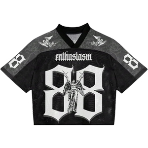Enthusiasm Women's V Neck <b>Mesh</b> <b>Crop</b> <b>Top</b> Short Sleeve Number 88 Streetwear Loose Fit Breathable Sporty Style All Seasons - Product Image 1