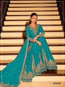 Turquoise Embroidered Salwar Kameez Set Long Sleeve <b>Top</b> <b>Net</b> Dupatta Indian Pakistani Wedding Outfit - Product Image 2