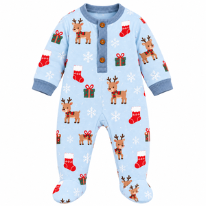 Combinaison tricotée à pieds pour bébé, bleu ciel, Noël, motif renne, motif flocon de neige, manches longues, boutonnée sur le devant, pour nourrisson et tout-petit - Product Image 5