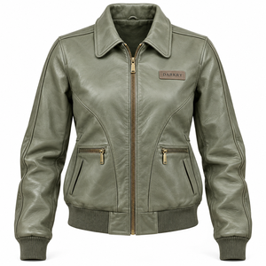 Chaqueta de Cuero Genuino Color Verde Salvia para Mujer, Estilo Vintage A2, Cuello Camisero, Dobladillo Acanalado, Darkry Factory Vendor - Product Image 1