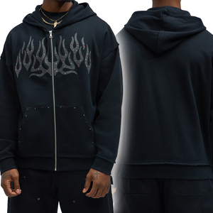 Distress Embroidered Rhinestone Zip-Up Hoodie <b>Black</b> Unisex <b>Fleece</b> Oversized Eco-Friendly Winter - Product Image 6