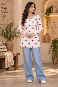 Tunique blanche à manches longues et col en V avec imprimé cœur rouge, style décontracté, vêtement ethnique, kurti court en rayonne pour femmes - Product Image 5