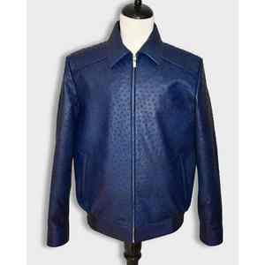 Chaqueta de Cuero y Lona para Hombre al por Mayor, Estilo Bomber con Textura de Lujo en Relieve, Transpirable, de Piel de Vacuno Genuina, Azul, para Invierno - Product Image 1
