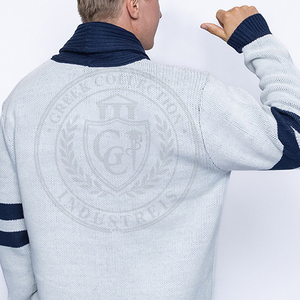 Cardigan en acrylique gris clair pour homme, bordure marine, manches longues, broderie grecque, pull pour homme, tenue scolaire/universitaire - Product Image 5