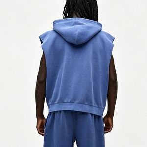 Gilet sans manches à capuche zippé pour homme, bleu uni, en molleton bouclette, coupe oversize, style décontracté, avec poches - Product Image 3