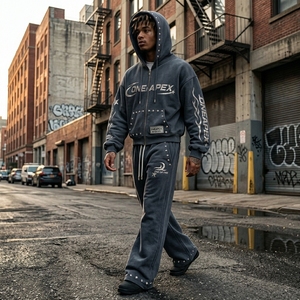 <b>Charcoal</b> Rhinestone Graphic Zip Up Hoodie Sweatpants Tracksuit Set Mens Streetwear Two Piece <b>Jogger</b> Outfit Wholesale - Product Image 5
