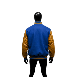 Chaqueta Varsity Azul Personalizada de Lana con Mangas de Cuero Amarillo Dorado, Chaqueta Clásica de Béisbol para Hombre, Venta al Por Mayor - Product Image 2