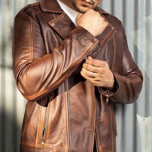 Brown Genuine <b>Leather</b> Canvas Motorcycle <b>Jacket</b> Men Zip-Up Stand Collar <b>Winter</b> Vintage Regular Fit with Zipper Pockets - Product Image 4