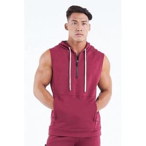 Wholesale Unisex Zipper <b>Hoodie</b> 100% Cotton Custom <b>Sleeveless</b> Gym <b>Hoodie</b> Vest Embroidered Plain Dyed Techniques <b>Men's</b> Half Zip - Product Image 1