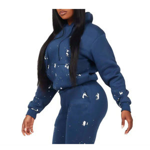 Sudadera con capucha para mujer, color azul marino, con estampado de puntos, con cordón y bolsillos laterales, ropa informal de otoño - Product Image 4