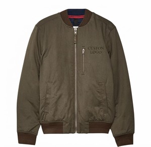 Blouson bomber vert olive personnalisé pour homme, fermeture éclair sur le devant, col rabattable, couleur unie, mélange de polyester et de coton, vêtement d'automne - Product Image 1