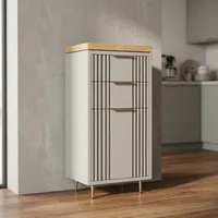 Meuble de salle de bain moderne en bois de manguier massif avec panneaux frontaux cannelés, plateau en bois naturel, armoire de rangement fine autoportante