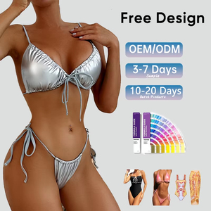 Women <b>Silver</b> Metallic <b>Bikini</b> Set 2 Piece Spandex Polyester Triangle Top Tie Side Bottom Stretch Fit Regular Chrome Style - Product Image 4