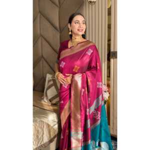 Sari en soie douce rose foncé tissé Ikkat Zari, vêtements indiens et pakistanais, Elite Weaves, 550g, séchage rapide, protection solaire, toutes saisons - Product Image 5