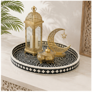 Bandeja Redonda Premium Hecha a Mano con Incrustaciones de Hueso Negro, Bandeja de Servicio de Resina Floral de Lujo al por Mayor para Decoración de Mesa de Centro a Precio Económico - Product Image 2