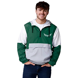 <b>Men's</b> Blue White Color Block Hooded Quarter Zip Windproof Sport <b>Jacket</b> With Logo Front Pocket Design - Product Image 3