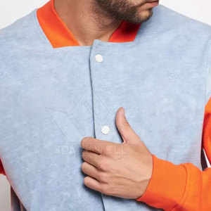 SPARKWELL INDUSTRY Men's Light Blue Orange Color Block Eco-friendly Stand Collar Varsity Jacket <b>Button</b> Closure Regular Fit - Product Image 5