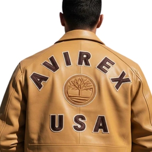 แจ็คเก็ตหนังวัวแท้สไตล์ลำลอง Unisex รุ่น Avirex x Timber-land รุ่นลิมิเต็ดอิดิชั่น สีเหลืองมัสตาร์ด แจ็คเก็ตนักบินหนังแท้สไตล์คลาสสิกแบบอเมริกัน - Product Image 4