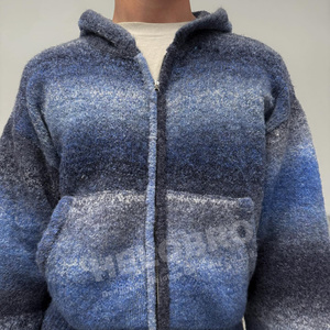 Heavyweight Mohair Blend Ombre Full <b>Zip</b> Hoodie Men's Streetwear Brushed Knit Gradient Sweater Distressed Harajuku <b>Hooded</b> Jacket - Product Image 3