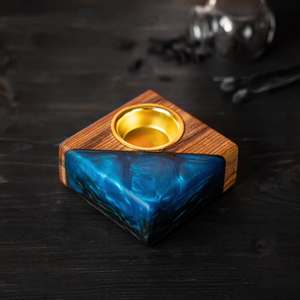 Quemador de Incienso de Madera Hecho a Mano con Incrustaciones de Resina Azul y Copa Interior Dorada, Difusor Aromático de Sándalo para Uso en Todas las Estaciones - Product Image 1