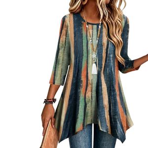 Multicolor Artistic Stripe Plus Size Rayon <b>Blouse</b> Abstract Pattern Round Neck Flared Hem Fashion Women'<b>s</b> Boho <b>Blouses</b> - Product Image 1