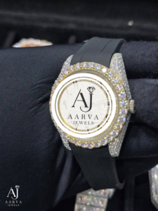 Montre analogique mécanique de luxe AARVA JEWELS pour femmes, 28 mm, lunette en cristal, pierre précieuse moissanite, boîtier en acier inoxydable, bracelet en silicone - Product Image 2