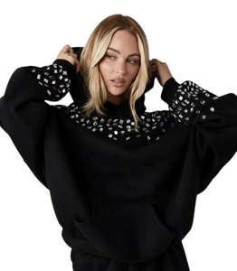 <b>Women's</b> Custom <b>Black</b> Rhinestone Hoodie Oversized Drop Shoulder Yoke Cuffs Heavy <b>Fleece</b> Pullover Sweatshirt OEM - Product Image 3