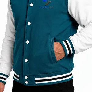 Chaqueta Varsity Unisex Personalizada en Verde Azulado y Blanco, Estilo Preppy, Logotipo Bordado, Corte Regular, Cuello Alto, Ropa de Invierno, Lana y Cuero - Product Image 4