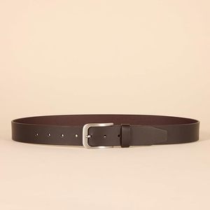 Ceinture en cuir véritable marron, couleur unie, boucle à ardillon rectangulaire argentée, style formel, durable, ceinture habillée pour homme - Product Image 3