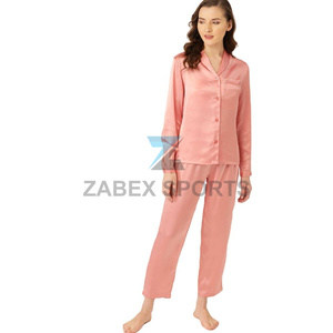 Ensemble de pyjama en satin polyester/coton pour femmes avec logo personnalisé, fermeture à cordon, séchage rapide, respirant, tissu doux, vêtements de détente - Product Image 1