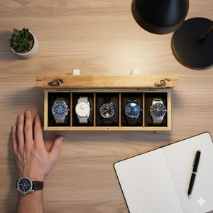 AHTE MANUEXPO UR-065 Indian Seasoned Wood Watch Display Box 10 Slots Velvet Lining Glass Lid-Men's Jewelry Storage Organizer - Product Image 1