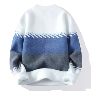 Pull en maille épaisse à motif géométrique bleu, noir et blanc, chaud pour l'hiver, manches longues, coupe classique – Grande Vente - Product Image 4