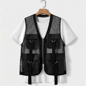 เสื้อกั๊กยีนส์สีดำสำหรับผู้ชาย สไตล์โมโตและไบค์เกอร์ แบบมีซิปและกระเป๋า เสื้อคลุมกันหนาวระบายอากาศได้ดี คอวี แขนกุด - Product Image 1