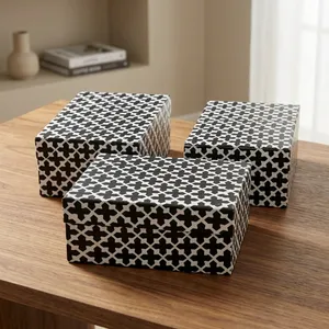 Boîtes de rangement en bois faites à la main avec motifs géométriques incrustés, élégantes boîtes de rangement pour bijoux, bibelots, décoration de la maison - Product Image 2