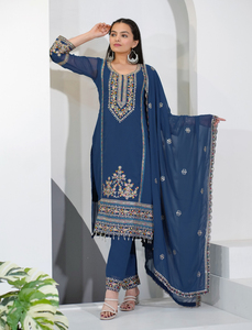 Faux Georgette Embroidered <b>Kurti</b> Pant Set with Dupatta Traditional Sequence Work Three Piece Salwar Suit for Women - Product Image 1